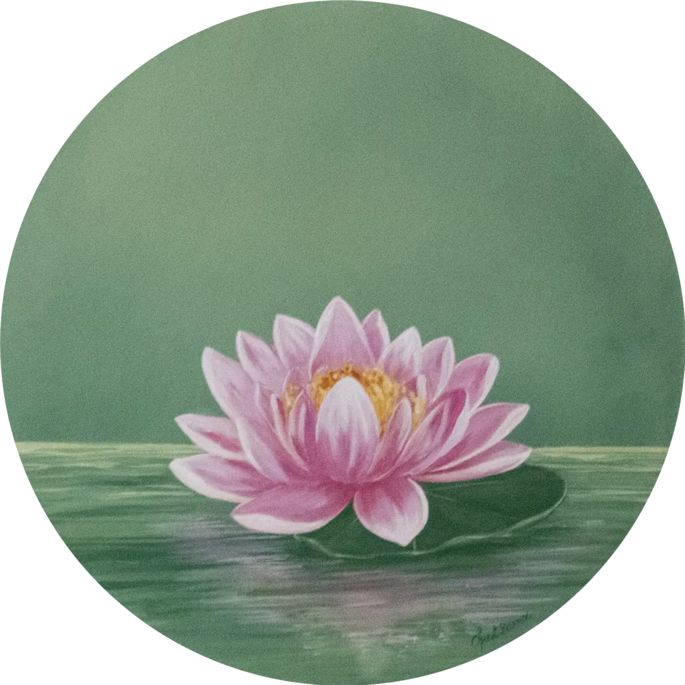 Toile ronde : lotus rose posé sur l'eau, fond vert sauge